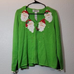 Vintage Tiara International Green Santa Claus Knit Zipper Jacket Size Large
